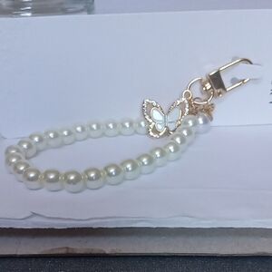 Wristlet Phone Charm Pearls & Butterfly Gold Clip